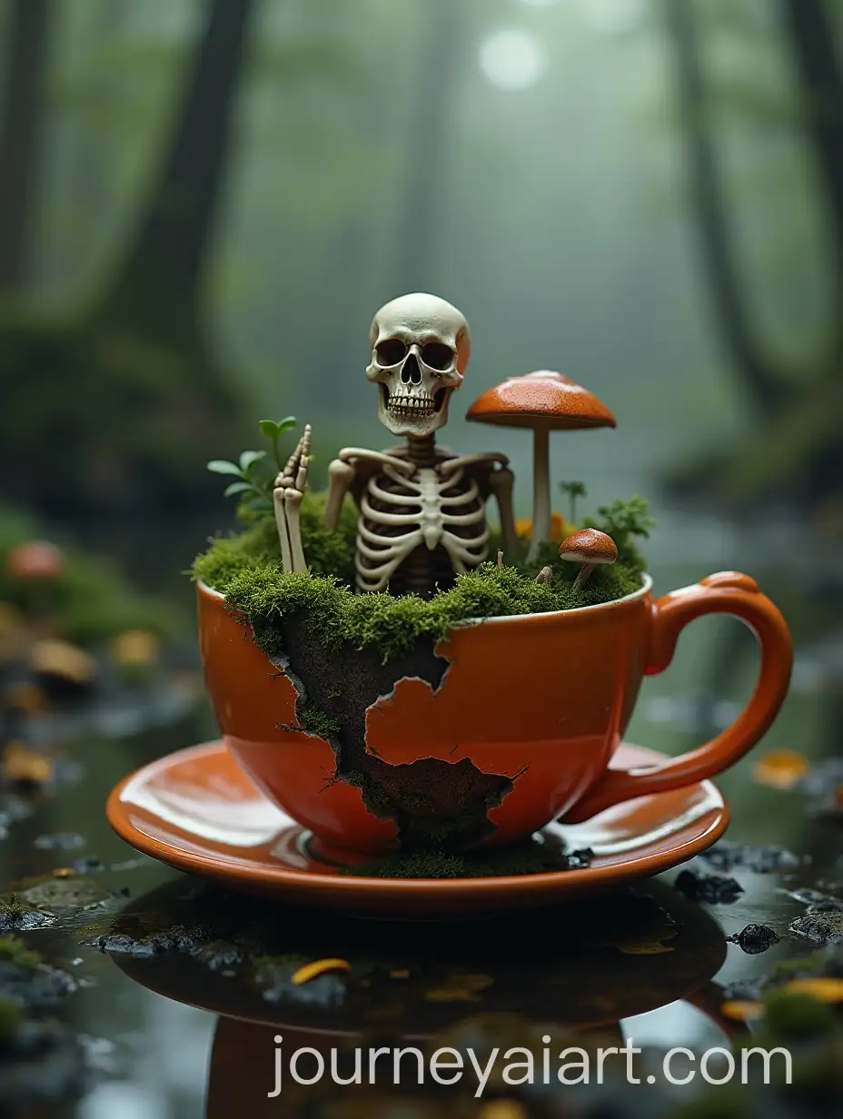 Cracked-Orange-Teacup-with-Skeleton-in-Swampy-Landscape