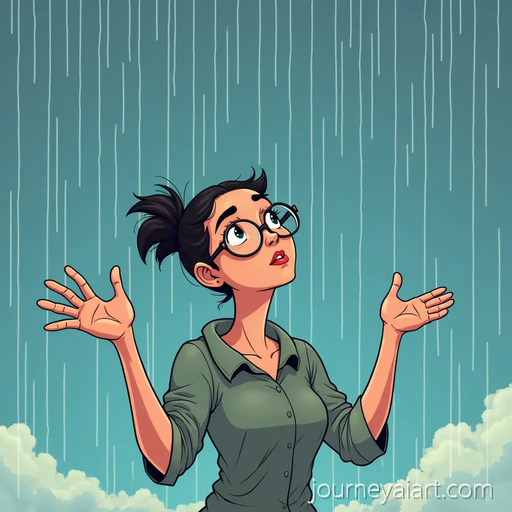 Comic-Style-Illustration-of-Maya-Gesturing-at-the-Rainy-Sky