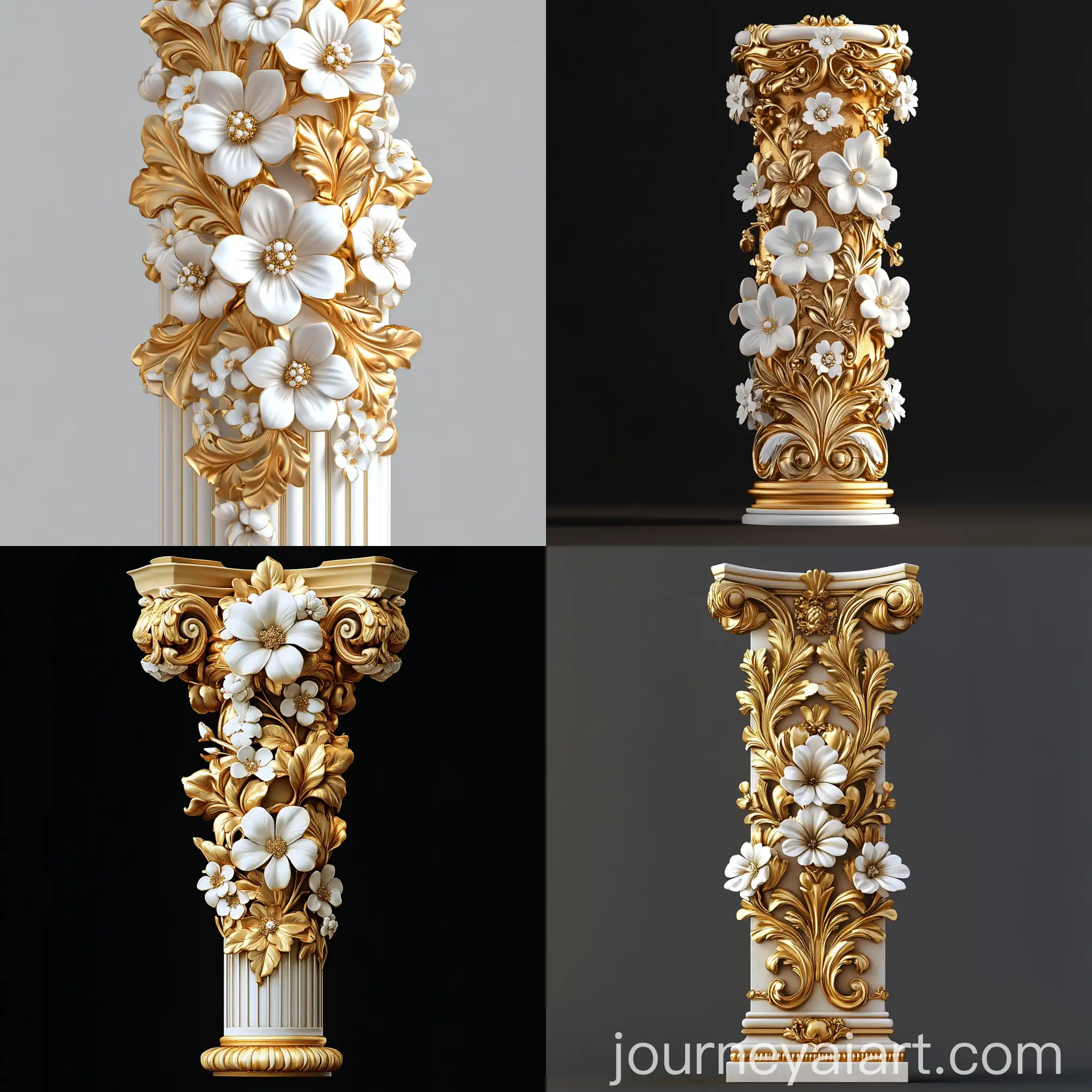 Elegant-3D-Decorative-Pillar-with-Intricate-Golden-Floral-Designs-and-White-Flowers