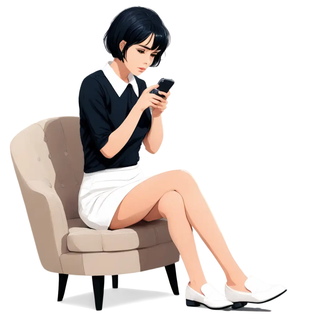 Beautiful-Anime-PNG-Image-of-a-Woman-with-Short-Black-Hair-Hugging-Her-Sadness-in-a-White-Miniskirt-Dress