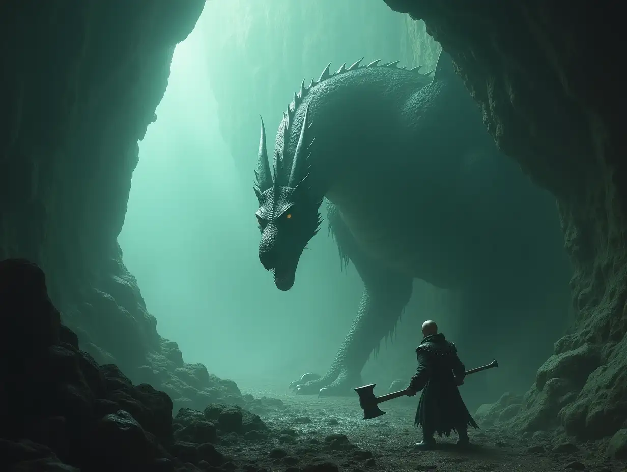 Giant cavern, foggy, dramatic fantasy scene, cinematic lighting, gloomy, slim green dragon fighting dwarf, dwarf holding warhammers, dragon is 100ft tall