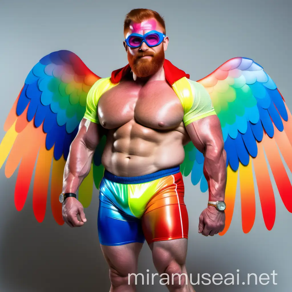 Muscular Bodybuilder Daddy Flexing Arm in Rainbow Wings Jacket and Doraemon Goggles