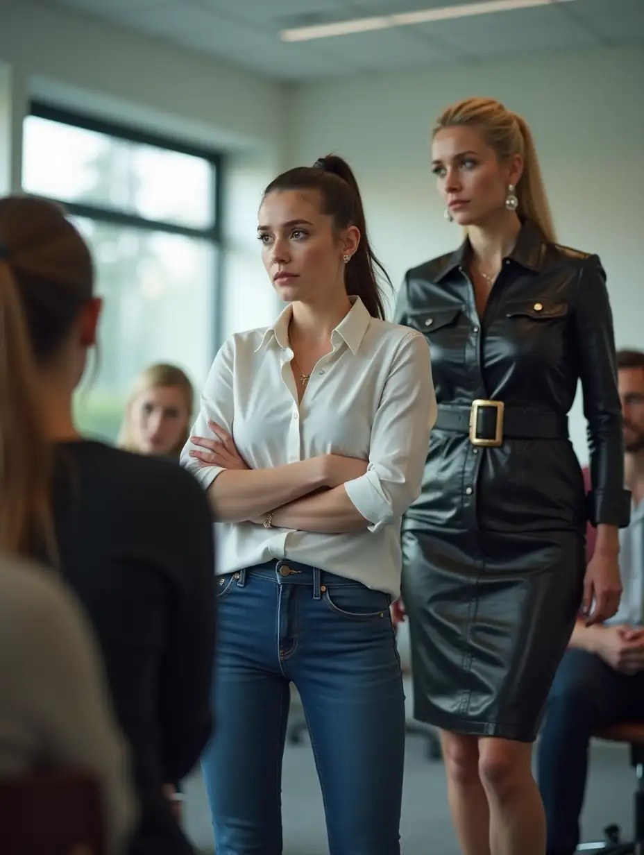 Young-Woman-Giving-Presentation-with-Confident-Mentor-in-Modern-Classroom