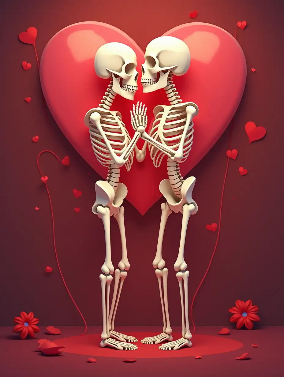 a 4k UHD Clear Lifelike illustration of a skeleton Couple in love for a Valentine's Day design