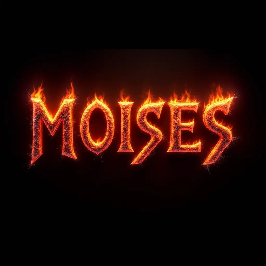 Create a layered and dynamic burning effect using a deep black background and bright red letters with the text “MOISES”. Start with a thin layer of fire or lava that gradually becomes more saturated and textured. Incorporate gradients into the process to create the illusion of depth and movement. Add shimmering sparks and shadows to the letters to achieve realism. Use a font with sharp angles to give the text an aggressive and dynamic look. The background can be a deep black color that creates a contrast with the bright red letters and gives the composition depth and drama. The background may also feature flames or lava, which gradually become more saturated and textured, creating the illusion of movement and dynamics.