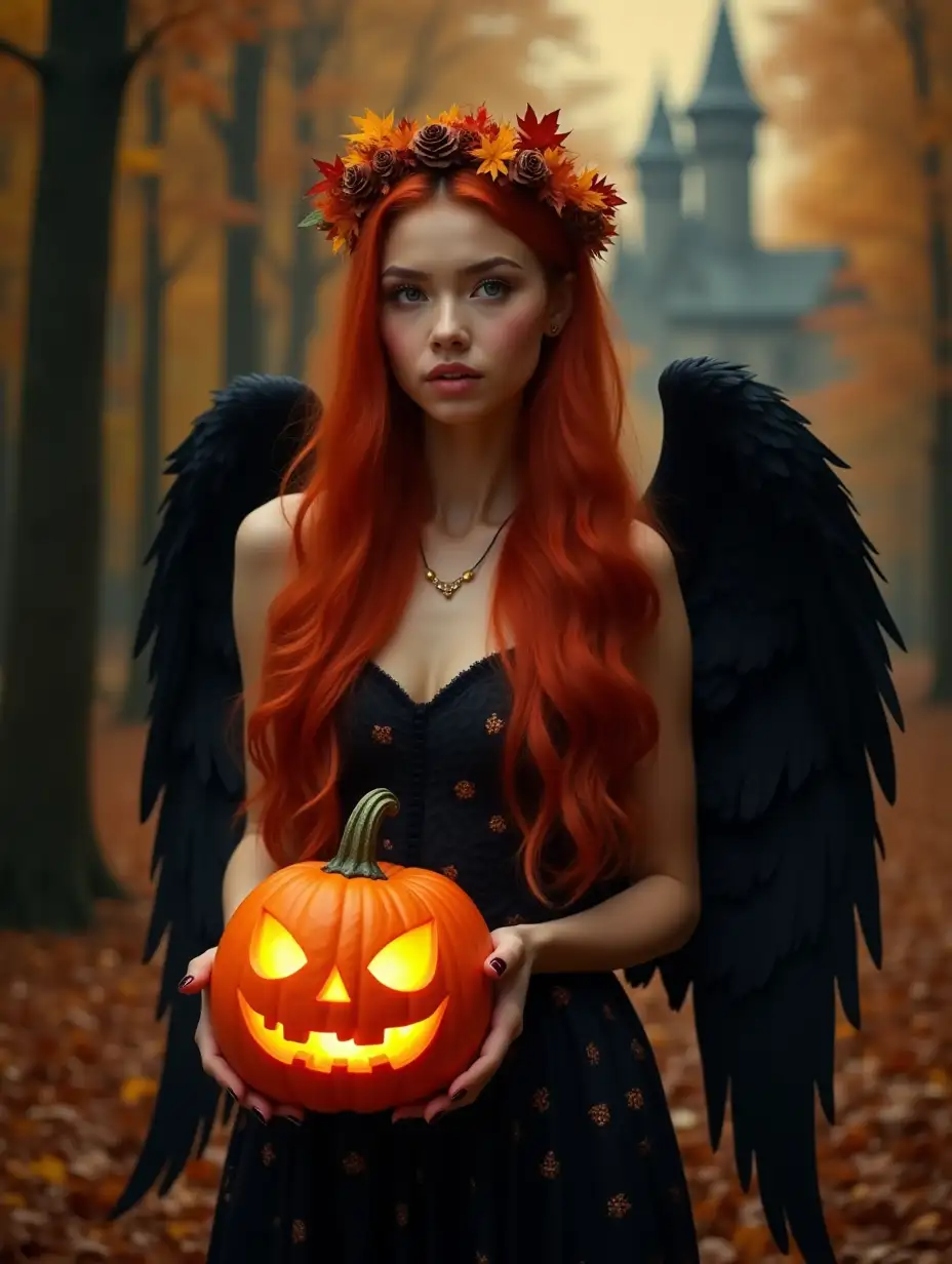 A beautiful young woman with long red fiery hair, with black angel wings, wearing a beautiful wreath on her head made of autumn leaves and amber, with black angel wings and in a black dress with amber stars, holding a pumpkin with burning eyes. In the background there is a forest in autumn tones and a Gothic castle in dark tones and in a haze. High resolution and clear detail. A Gothic, bright, contrasting image of a woman on a magical shimmering background.