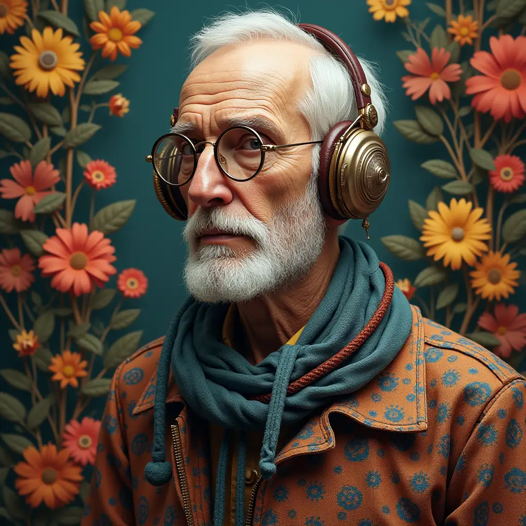 Ultra detailed hyperrealistic portrait of time traveler with elaborately detailed, colorful plants in the background colorful plants background