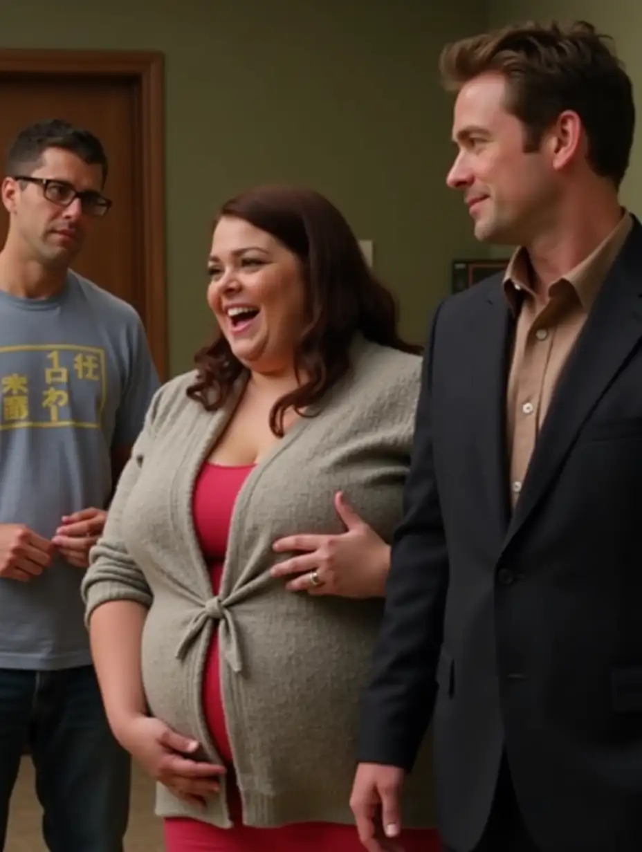 Comedic-Scene-with-Overweight-Girl-Handsome-Guy-and-Regular-Working-Man-in-Bright-Colors