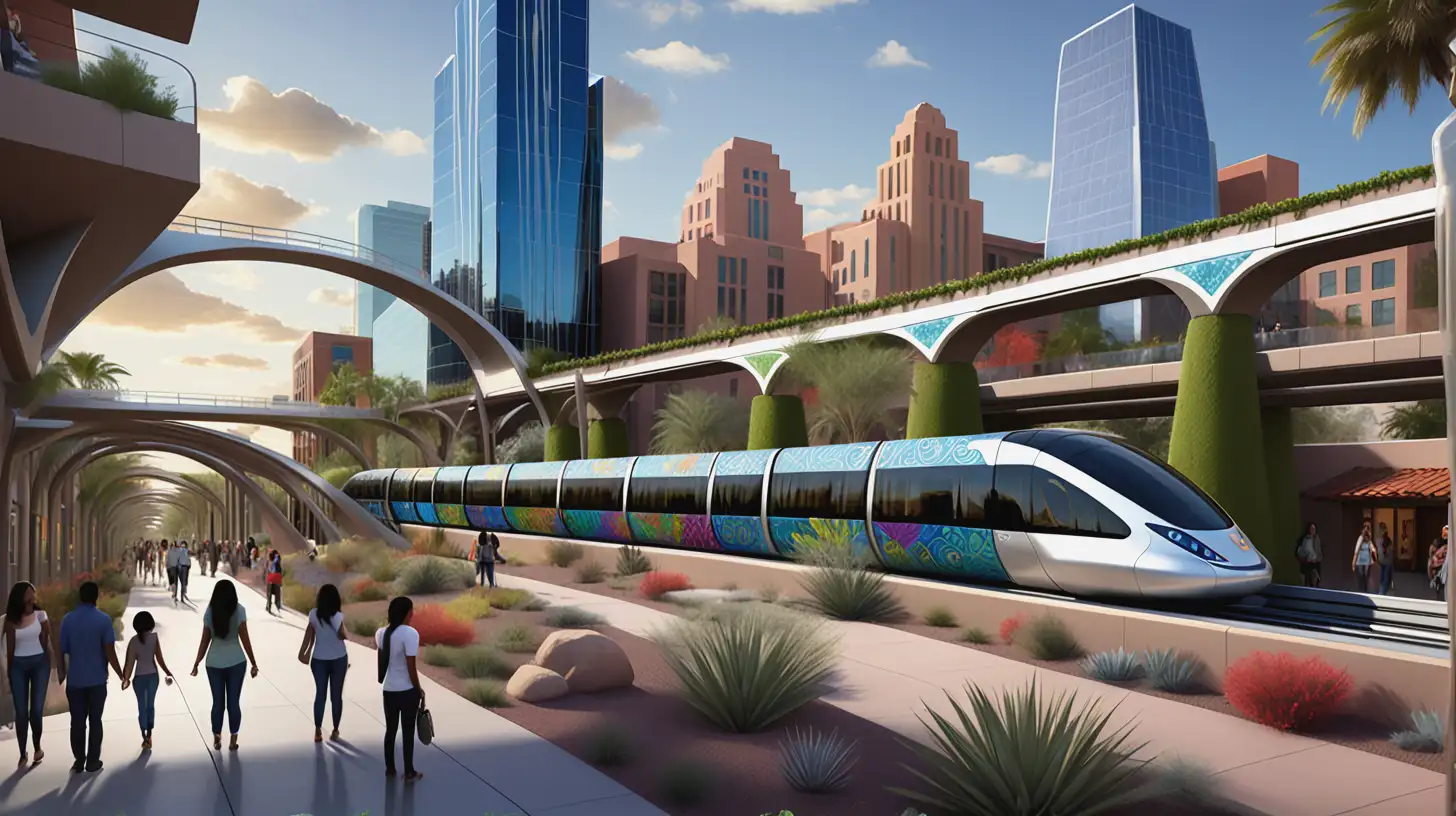 Imagine a reimagined Tucson, Arizona, inspired by the visionary aesthetics of 'Tomorrowland,' where advanced technology and innovative design converge with the rich tapestry of Hispanic culture. In this futuristic cityscape, sleek monorails and levitating trains glide effortlessly above the skyline, transporting residents through a network of interconnected platforms. Buildings soar with fluid, organic forms, adorned with vibrant murals and intricate tilework that pay homage to traditional Hispanic artistry. Public spaces are alive with interactive art installations and holographic displays, celebrating the community's heritage while embracing cutting-edge advancements. Solar-powered energy grids and vertical gardens exemplify a commitment to sustainability, creating a harmonious blend of nature and technology. This vision encapsulates a city that honors its cultural roots while propelling into a dynamic, inclusive future.