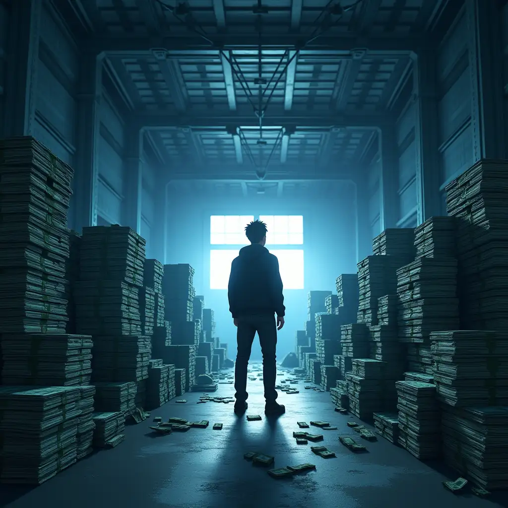 Young-Man-Observing-Stacks-of-Unknown-Money-in-Mysterious-Warehouse