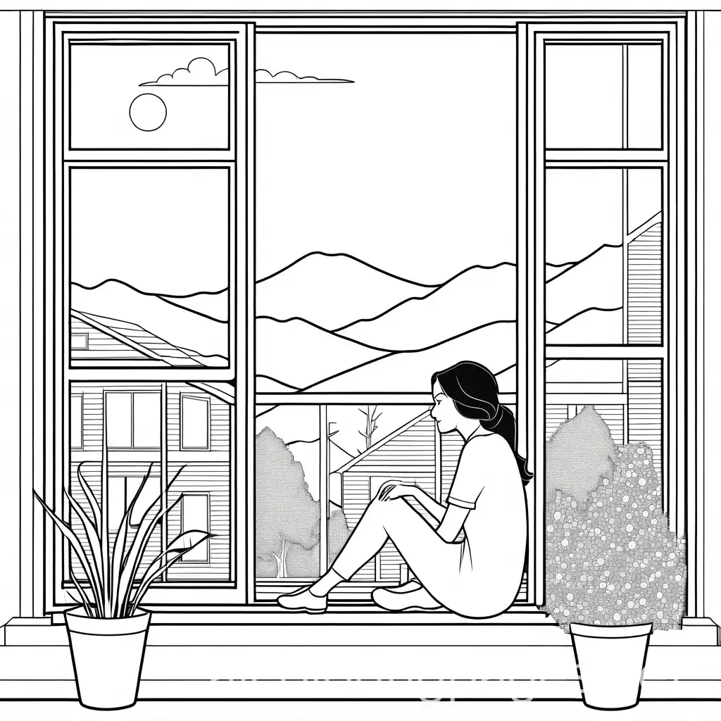 bold and easy woman being cozy looking outside her window aesthetic coloring page, Coloring Page, black and white, line art, white background, Simplicity, Ample White Space. The background of the coloring page is plain white to make it easy for young children to color within the lines. The outlines of all the subjects are easy to distinguish, making it simple for kids to color without too much difficulty