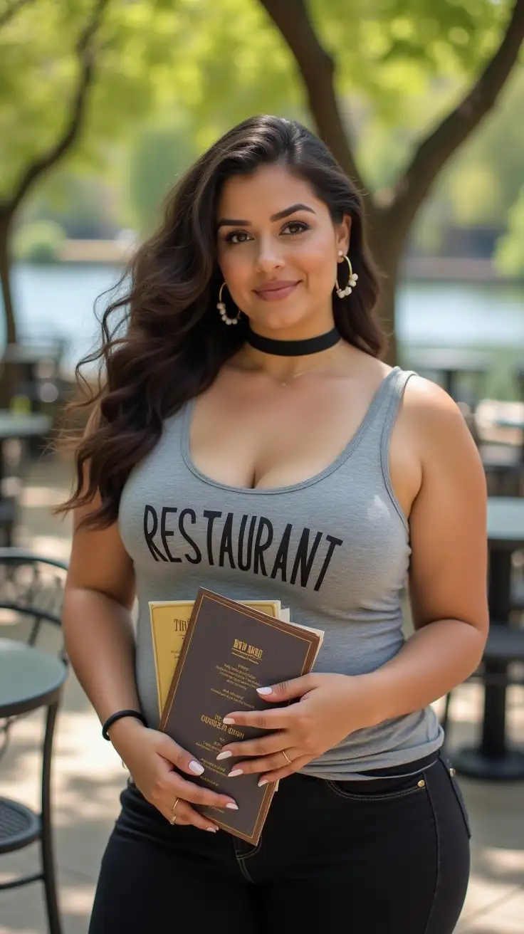 Confident-Curvy-Woman-in-City-Park-with-Menus-and-Spring-Day-Backdrop