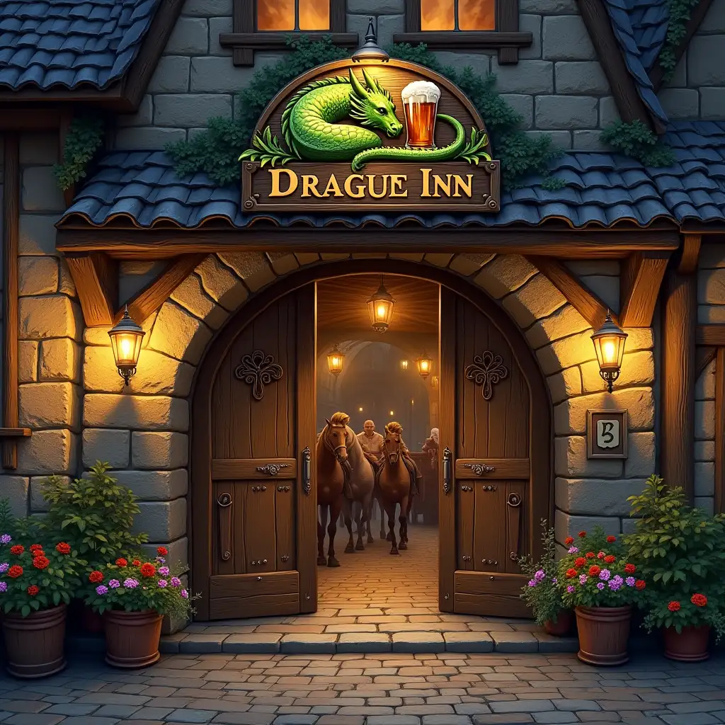 Medieval-Fantasy-Inn-with-Dragon-Sign-and-Bustling-City-Atmosphere
