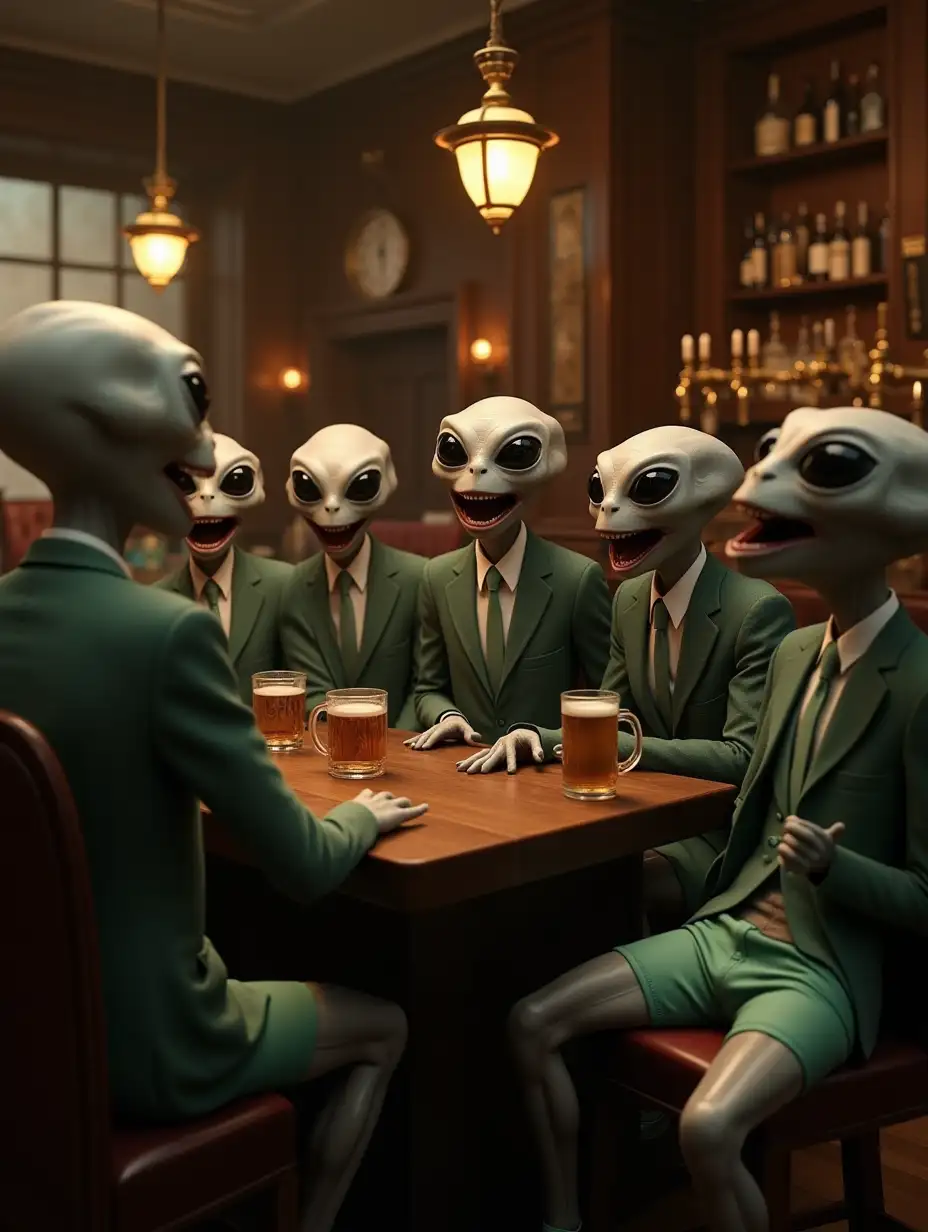 A hyper-realistic photograph of a dimly lit, traditional English pub interior where multiple Grey Aliens are gathered around wooden tables and the bar, engaging in raucous laughter. Some aliens are dressed in crisp, olive-green business suits with matching ties, while others wear only mint-green boxer shorts. The aliens have large, black almond-shaped eyes, elongated heads, and grey skin with a subtle metallic sheen. The pub features authentic details like brass fixtures, vintage beer taps, dark wood paneling, and amber lighting. Beer mugs and glasses are scattered across tables, some half-empty. The aliens' expressions show extreme amusement, with their thin lips pulled back in laughter. Photorealistic rendering, cinematic lighting, 8K resolution, detailed textures, volumetric lighting, ray tracing, high dynamic range.