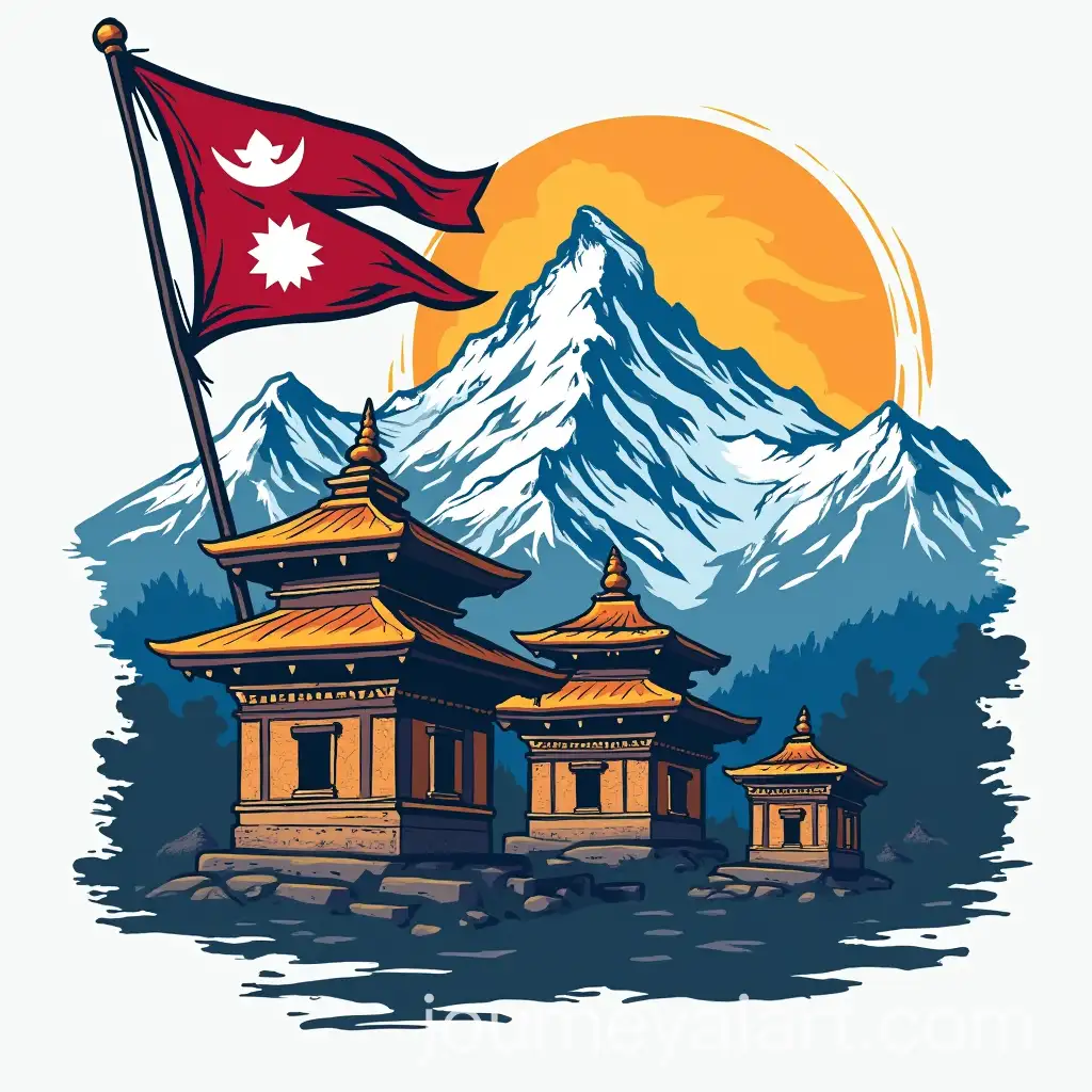 Vibrant-Nepal-Tshirt-Graphic-Featuring-Mount-Everest-Pasupati-Temple-and-Nepali-Flag