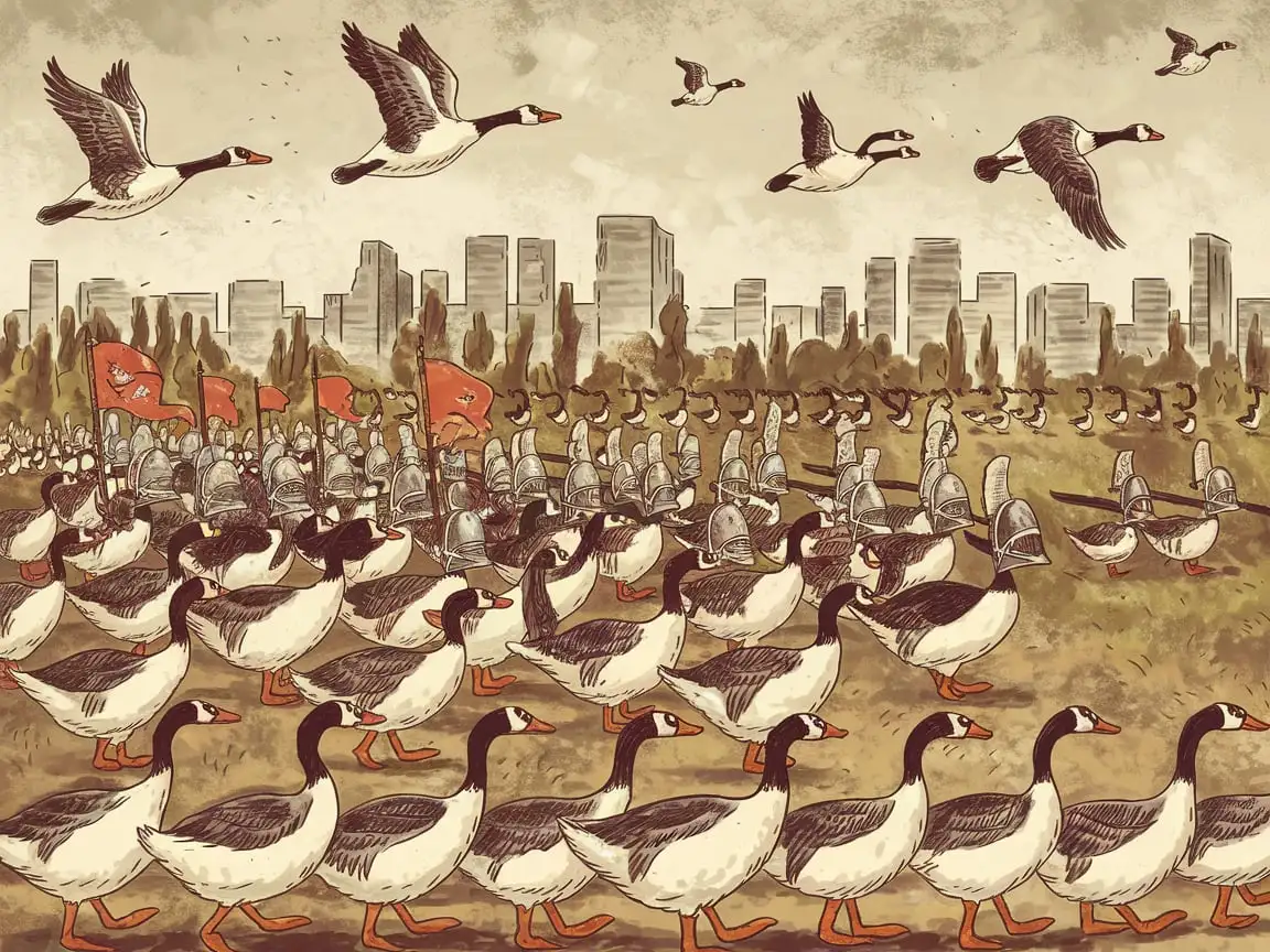 army of warrior geese marching on the battlefield. there are geese flying around