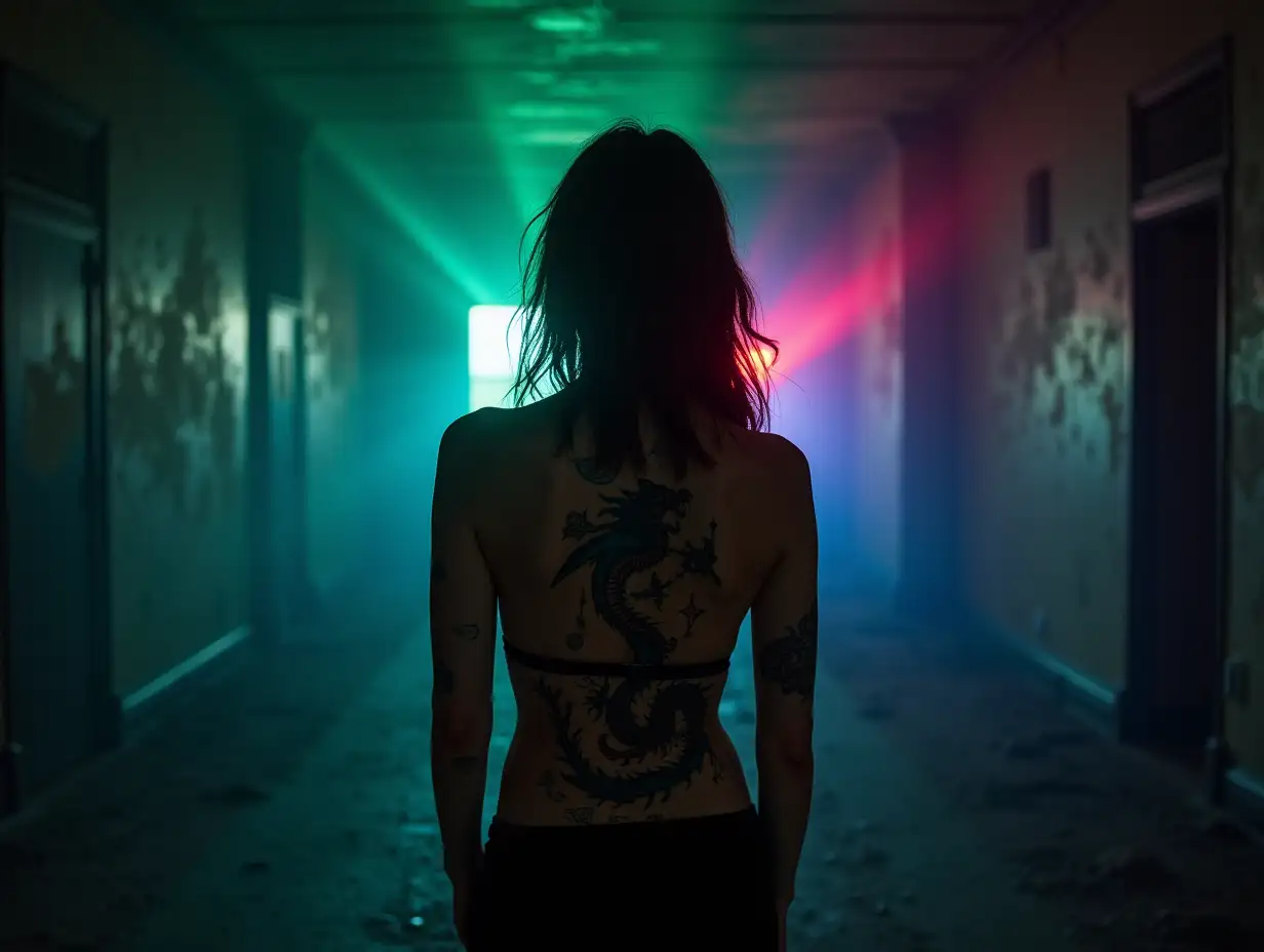 Cybernetic-Girl-with-Dragon-Tattoo-and-Fireflies-in-Abandoned-Building