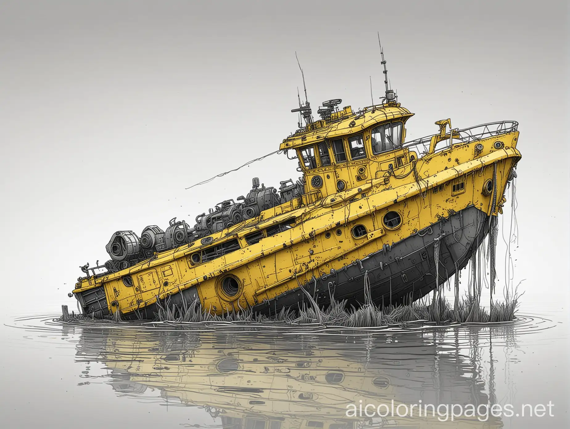 PostApocalyptic-Scene-with-Abandoned-Mech-and-Sunken-Yellow-Fishing-Boat