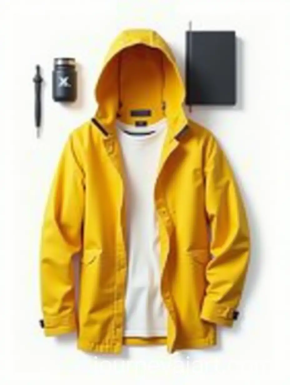 Yellow-Raincoat-Black-Umbrella-White-Tshirt-and-Stanley-Water-Bottle-on-White-Background