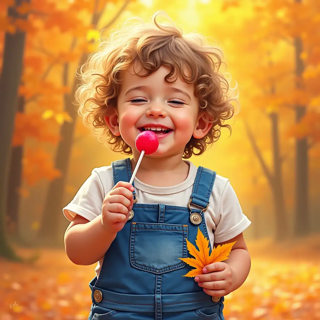 Bright picture depicting a joyful child with shaggy hair dressed in denim overalls. The child is happily holding a lollipop with eyes closed with delight. Bright fall leaves are tucked into the pockets of the jumpsuit. The background is saturated, creating a harmonious and lively atmosphere. The painting should convey the innocence and happiness of childhood with the help of mixed strokes and gentle color transitions typical of oil painting.