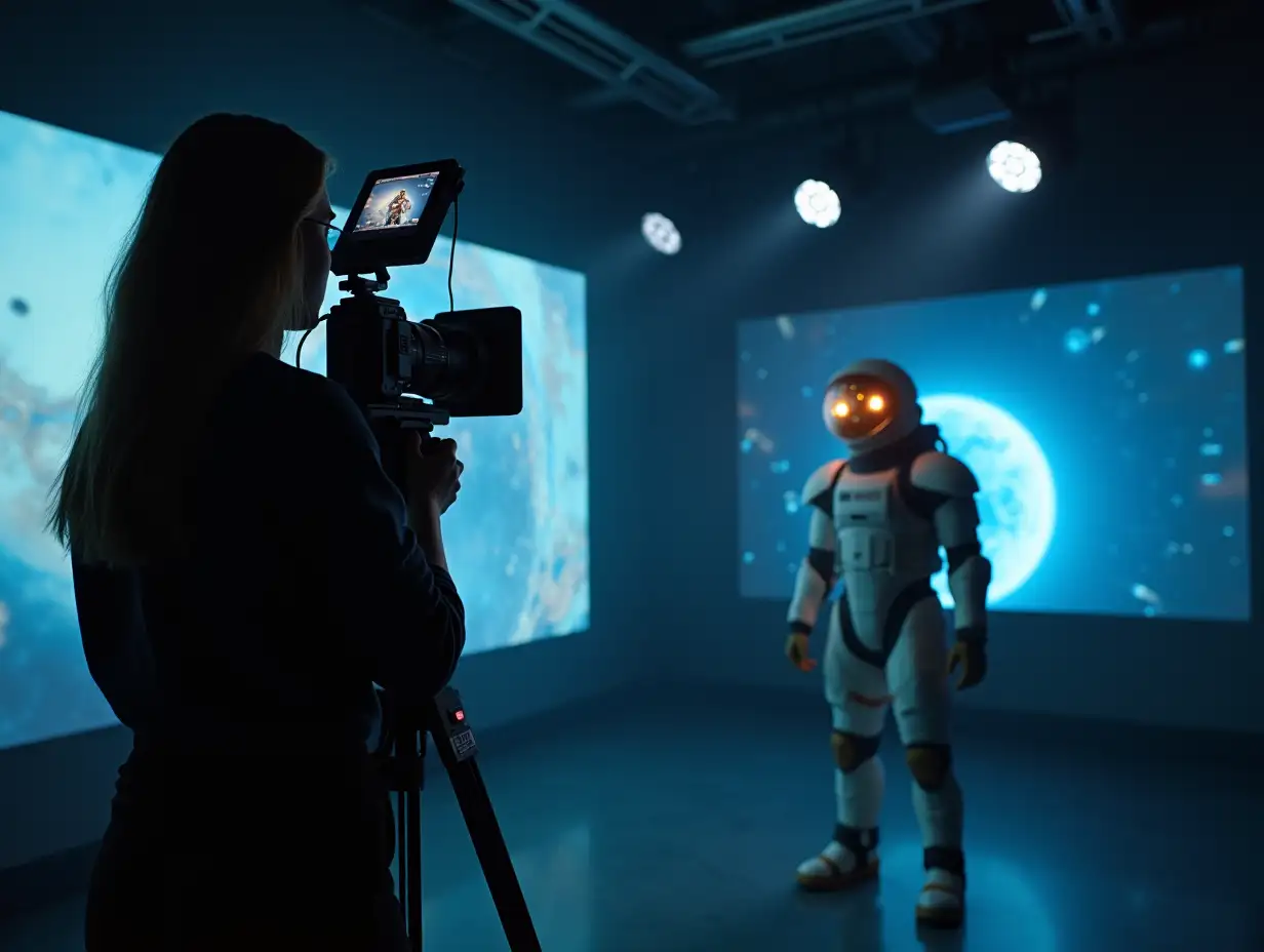 Female-Director-Filming-SciFi-Movie-with-CGI-Astronaut-on-Digital-Set