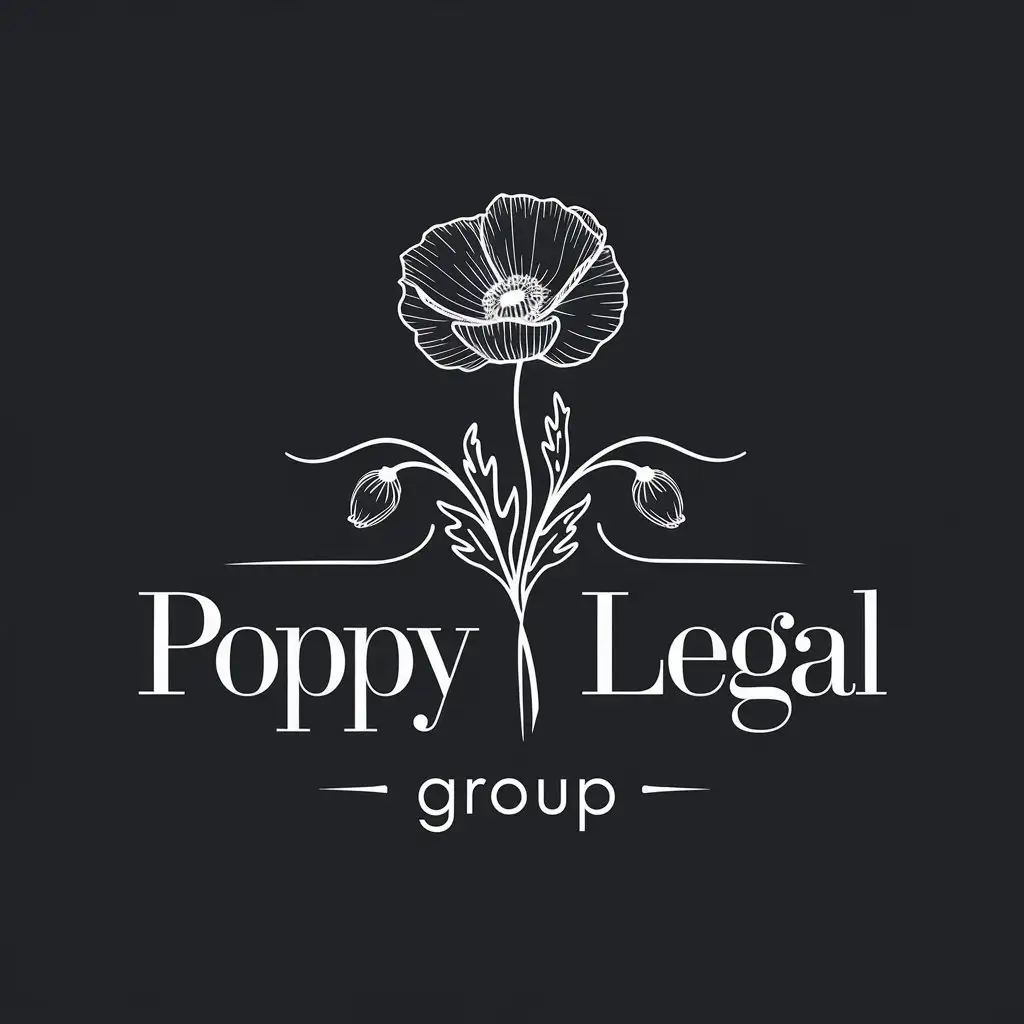 LOGO Design For Poppy Legal Group Minimalist White Flower and Elegant Cursive Text on Black Background