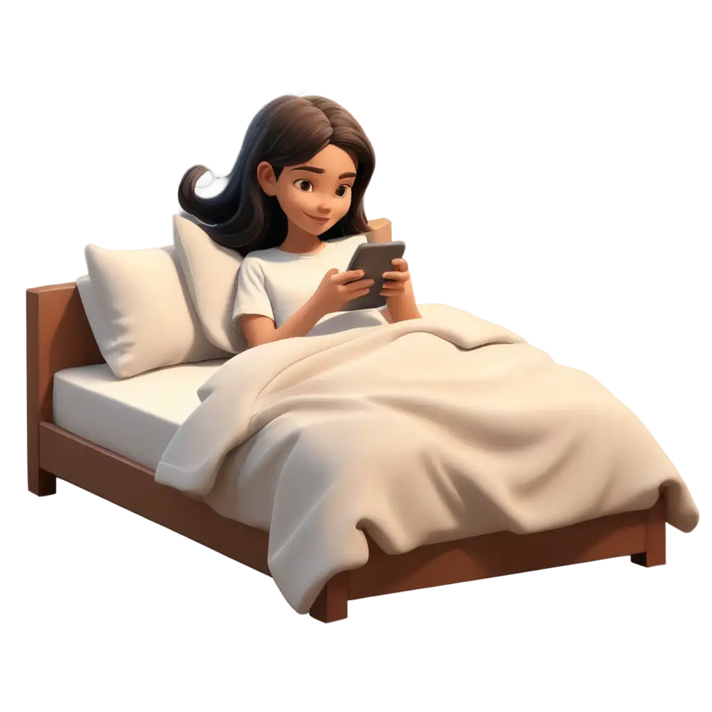 Girl-Laying-in-Bed-Scrolling-on-Smartphone-Cartoon-Style-PNG-Image-for-Digital-Projects