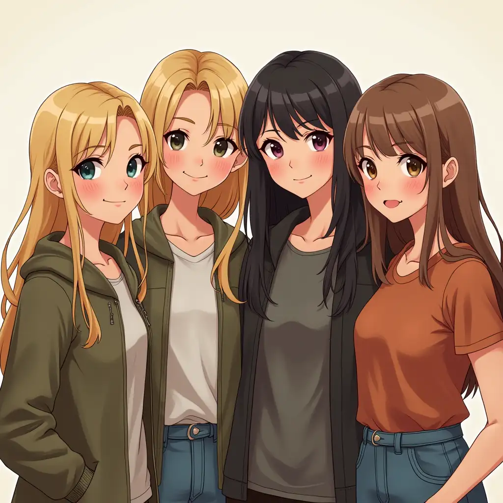 Photo about four friends. One has blond hair, one has dark hair, one has brown hair and one has light brown hair.