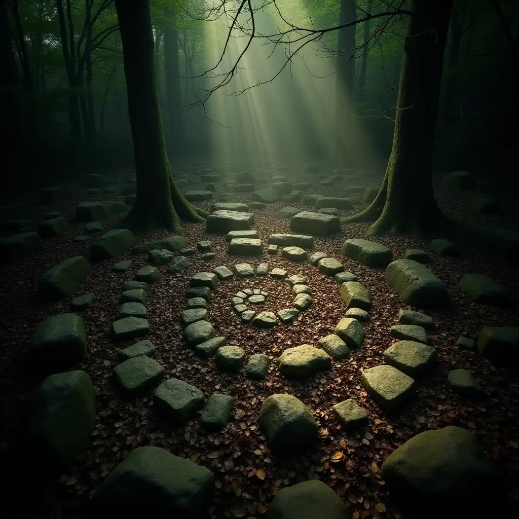 An overhead view of a hidden forest altar -- simple stones arranged in a spiral among fallen leaves. A soft shaft of misty light breaks through the dark canopy. Sacred, forgotten feeling.