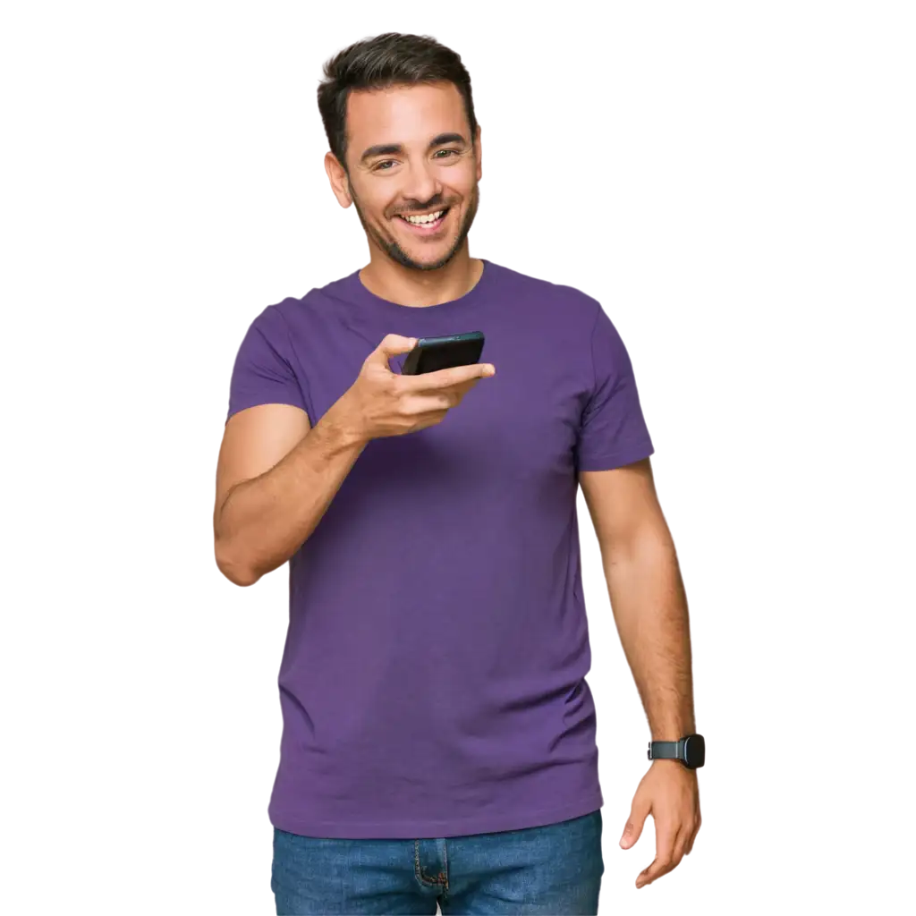 HighQuality-PNG-Image-of-a-Happy-Adult-with-a-Purple-Shirt-Using-an-iPhone