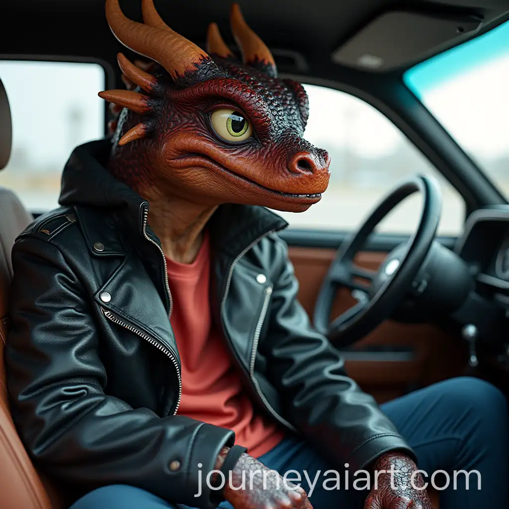 Fursuit-Dragon-with-Leather-Jacket-Sitting-in-Car-Wearing-Athletic-Outfit