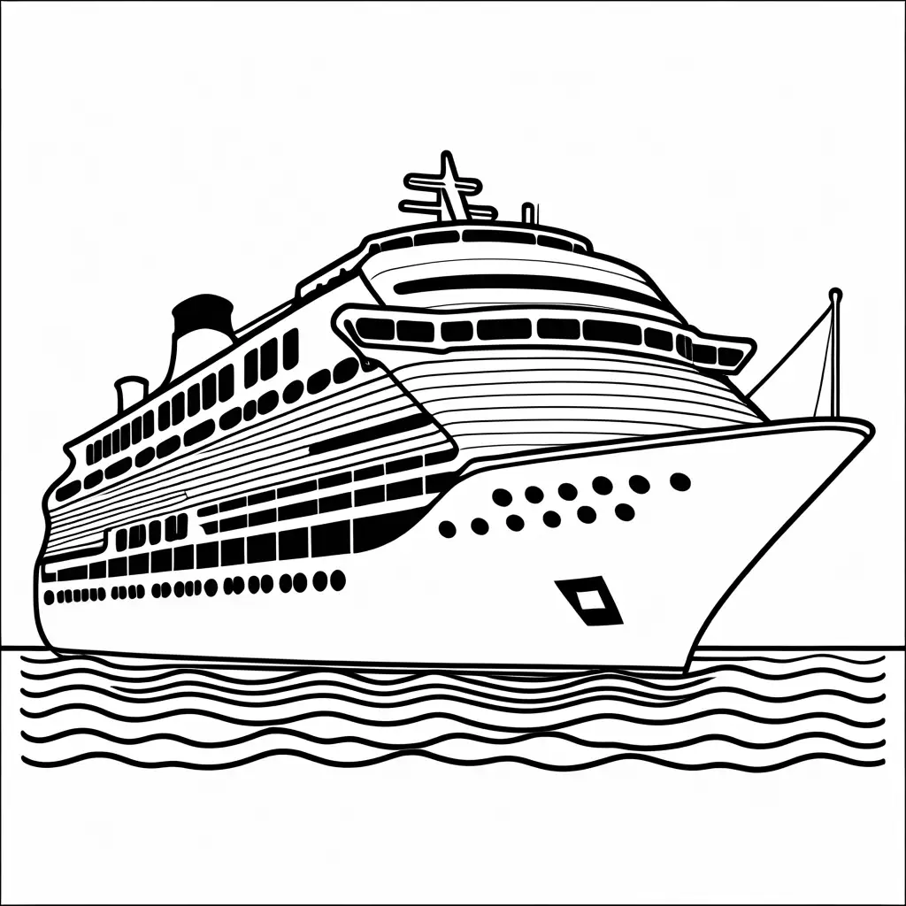 cruise ship, Coloring Page, black and white, line art, white background, Simplicity, Ample White Space. The background of the coloring page is plain white to make it easy for young children to color within the lines. The outlines of all the subjects are easy to distinguish, making it simple for kids to color without too much difficulty