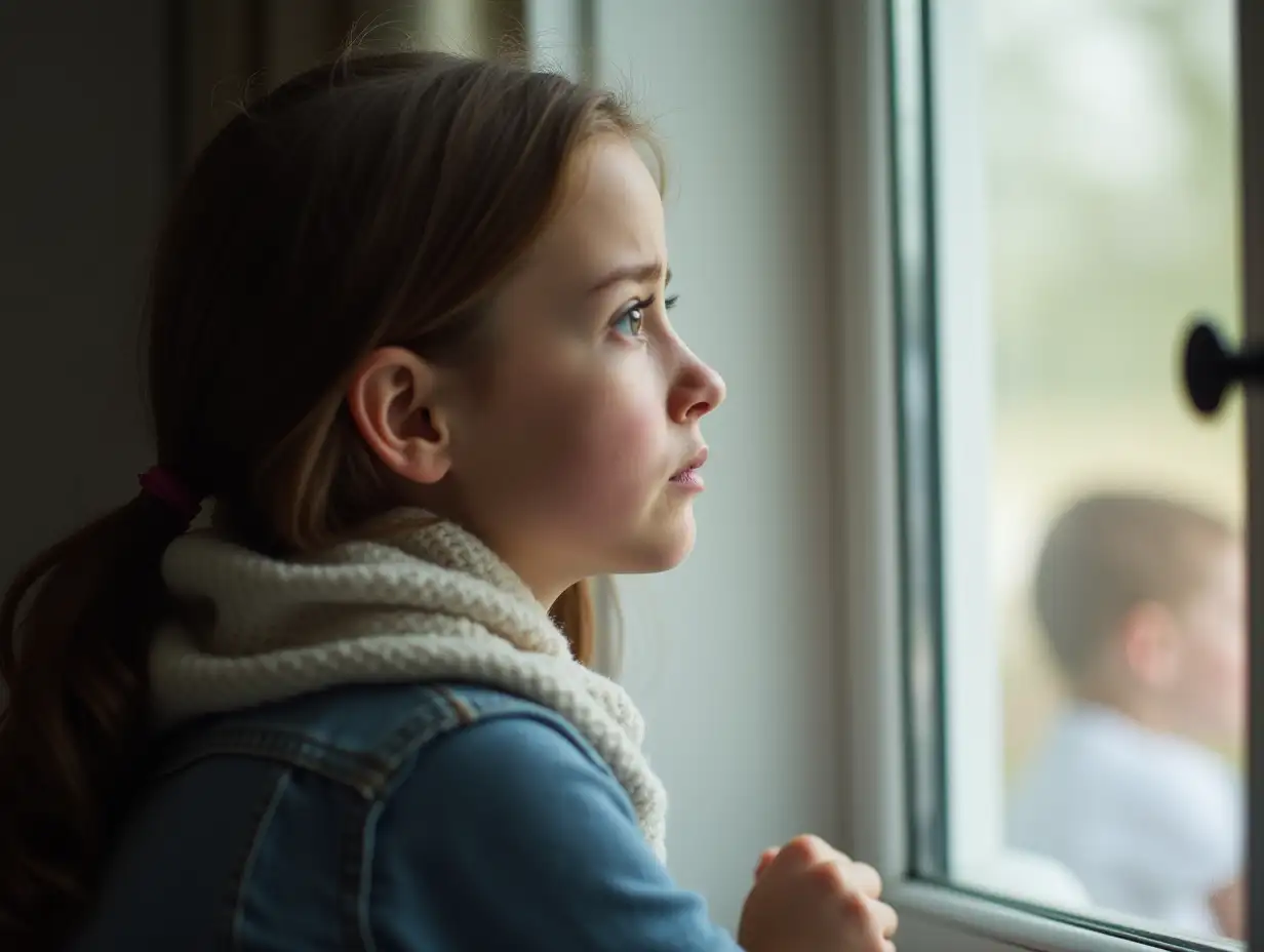 Thoughtful-Parent-Looking-Out-of-Window-with-Blurred-Child-in-Background
