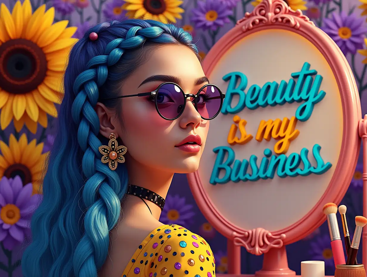 A vibrant and colorful portrait of a fashionable young woman with long, intricately braided hair featuring shades of blue, purple, and bright orange accents. She wears stylish round sunglasses and bold earrings, with a choker around her neck. The background is filled with large sunflowers and purple flowers, creating a whimsical and energetic atmosphere. A vintage makeup vanity mirror sits to her side, adorned with various cosmetics and brushes. The phrase 'Beauty is my Business' is artistically integrated into the design, using bold and playful typography. The overall aesthetic is hyper-realistic with a touch of modern pop art, emphasizing bright colors like lavender, teal, and gold. The scene captures a sense of empowerment and creativity in beauty culture.