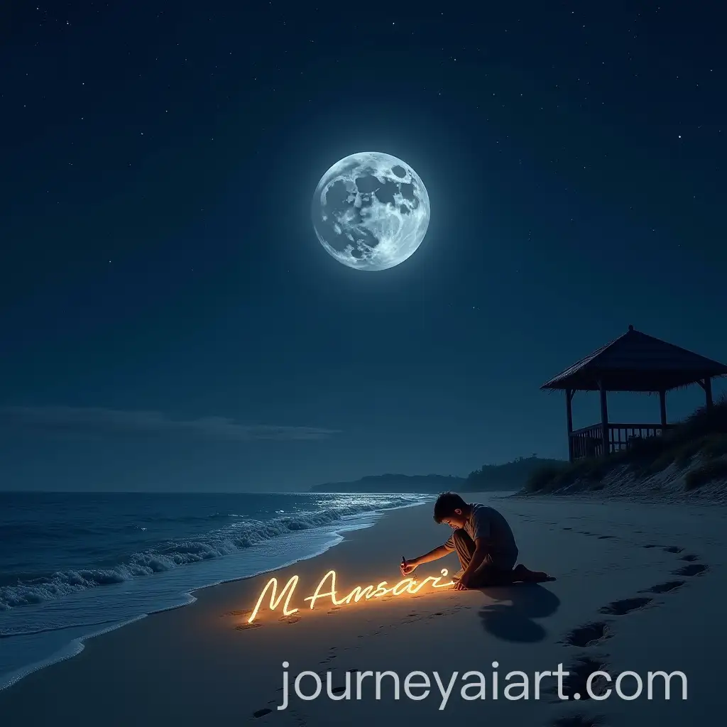 Boy-Writing-Name-in-Glowing-Sand-Under-Starry-Night-and-Full-Moon