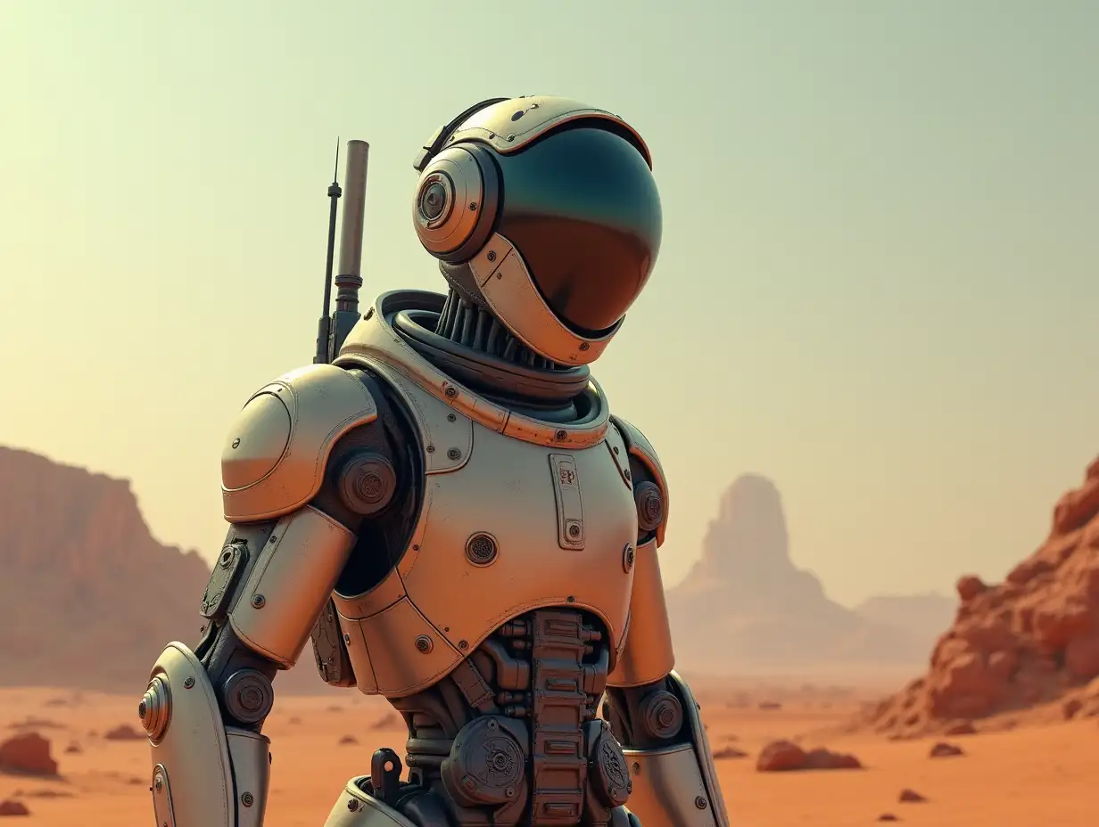 Create a high-resolution, realistic image of the artificial intelligence Robert, 30 meters tall, with a glass helmet with headset, Rubinstein headphones, stainless steel screws, a laser weapon, grenades on the ground on a foreign planet Mars 4k resolution