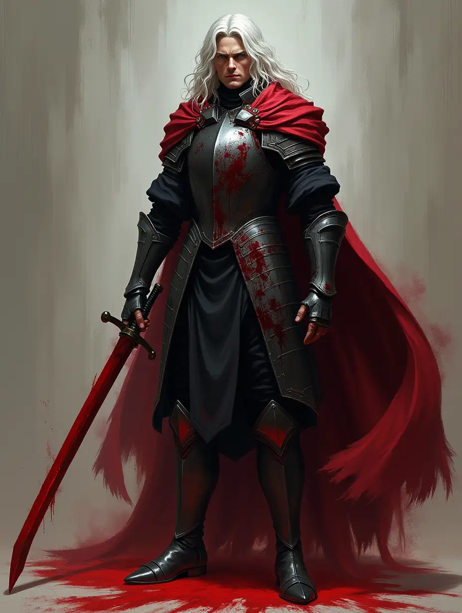 user_prompt: Oil painting, Dark fantasy, male character, (((full length))), knight of blood, clean ((armor)) of black metal, (light armor), black clothes ((with bloody stains)), (black bloodstained tunic under the armor), ((rolled up sleeves)), ((bare forearms and hands)), bloody dark red cloak with collar, blue eyes, long wavy pale hair, bloody saber, one sword, ((long hair)), cloak fluttering in the wind, (((blood magic))), ((curved)) sword all over blood, stern face, (dynamic pose), medieval gothic, (scars on hands), bare hands, ((pointed boots)), greaves, bloody bandage