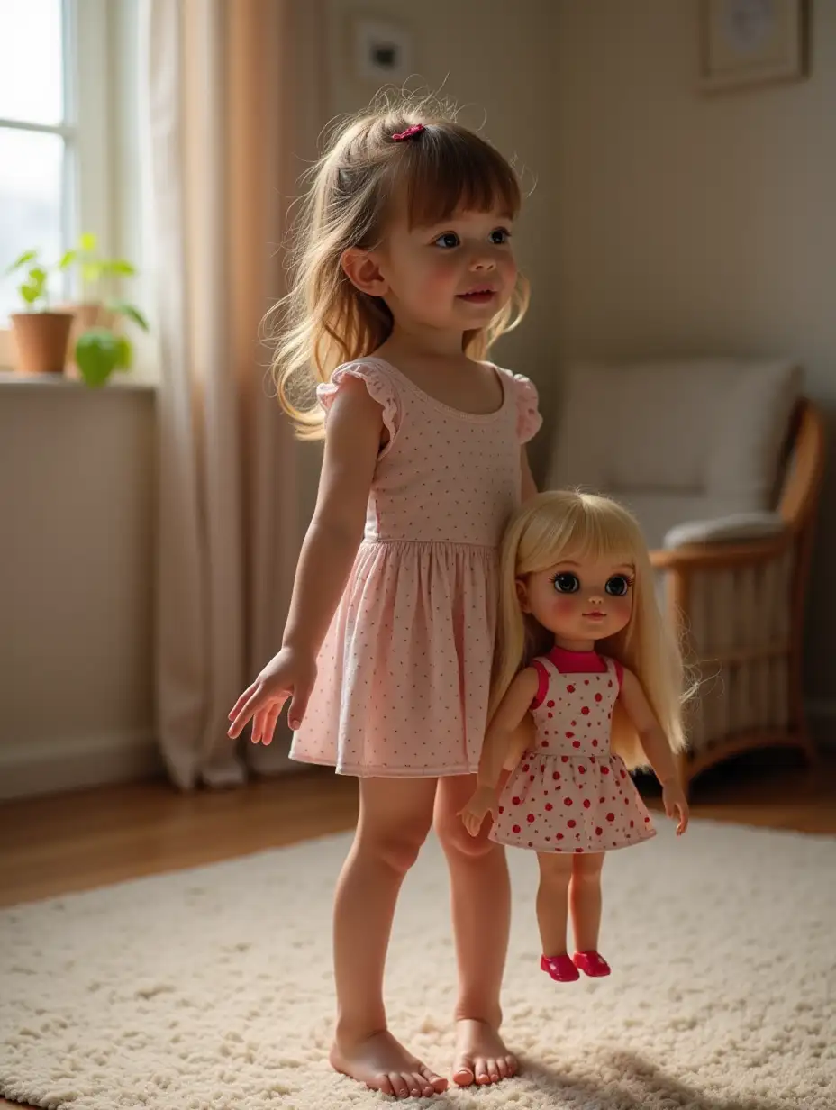 Skinny little girl, shiny skin. standing on a rug in her playroom, holding a girl doll by one arm.