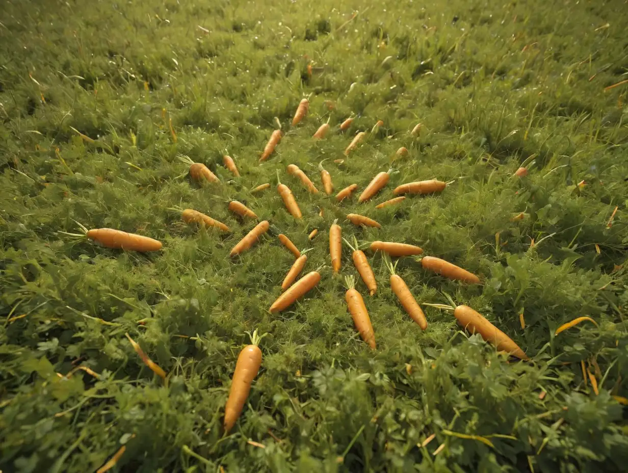 In the middle of an open field, there are golden carrots scattered all over the grass, 3d disney inspire