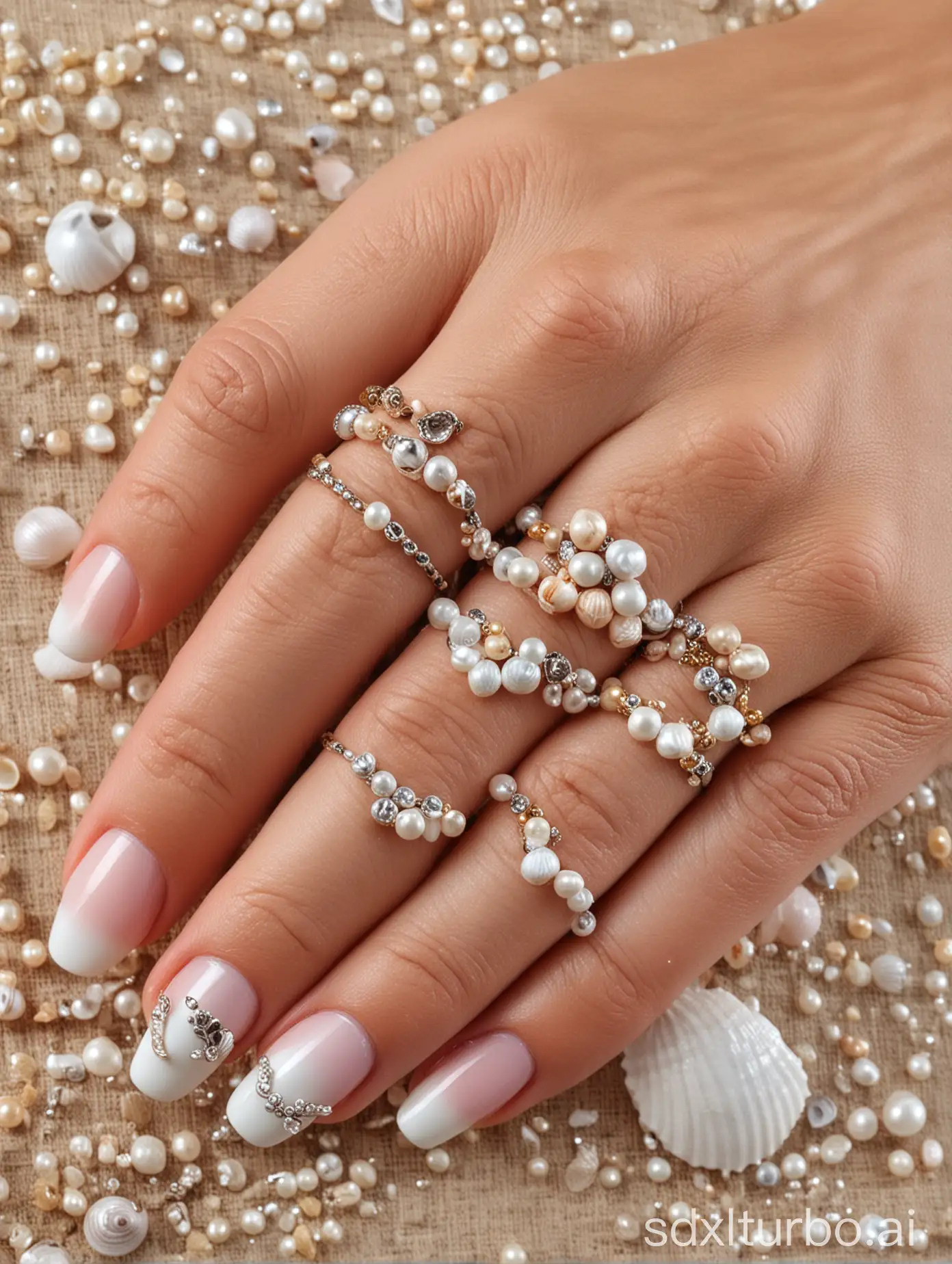 Elegant-Nail-Art-with-Pearls-and-Shells