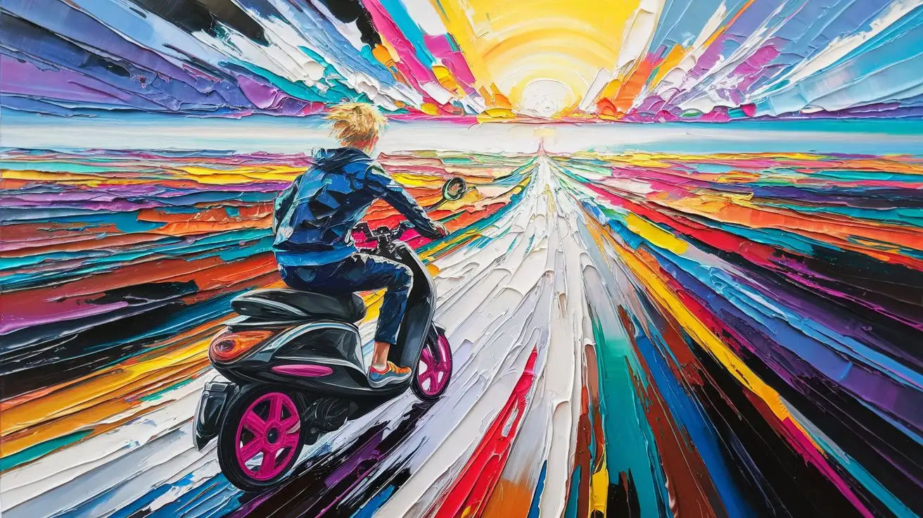 A symbolic, joyful painting in the modern French expressionist style of 21st-century artists. In the extreme distance, almost at the vanishing point of the composition, a tiny blond teenage boy rides a sleek, sporty black scooter with bright pink wheel rims and pink accents. He is heading away from the viewer, toward a glowing horizon, along a long, winding road that curves through a vast, abstract dreamscape. The boy’s figure is minuscule—almost indistinct—emphasizing depth, scale, and a powerful sense of emotional journey and forward motion. The expressive landscape flows with bold, textured brushstrokes in vivid, bright, and colorful tones—energetic and luminous, yet not tied to specific colors, in the spirit of modern French expressionism. The glowing sky is painted with movement and emotion, full of light, swirling energy, and radiance. The scooter is minimally rendered, with emphasis on its sleek, athletic form and vibrant color details, blending into the boy's silhouette as part of the road's dynamic rhythm. The radiant, symbolic horizon represents hope, direction, and the future. Vertical format. Ultra-detailed.