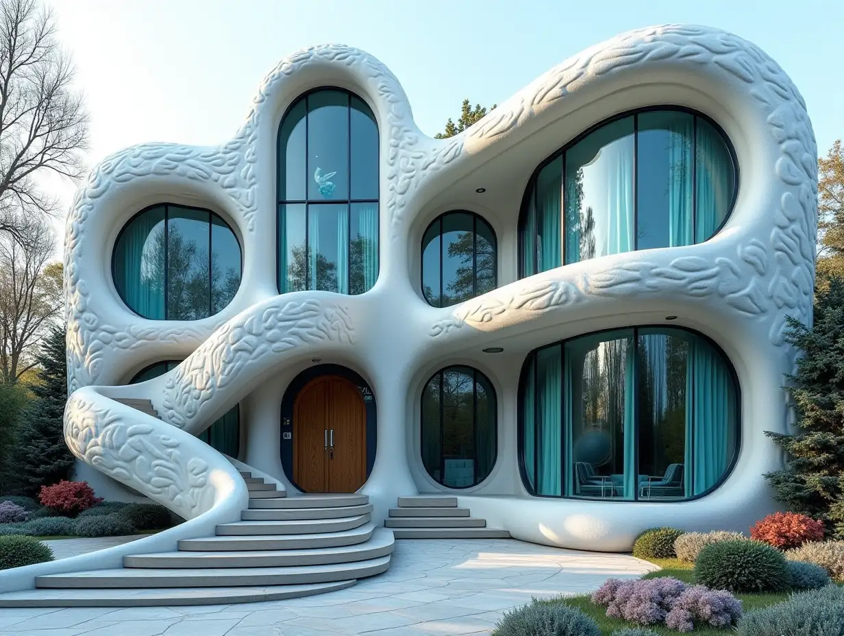 Two-story, biomorphic, curved house in white and blue tones in the Jugendstil style, with stucco in the form of plant ornaments, large windows with blue-green stained glass on the theme of knights, curved, smooth window shapes, winding grand entrance stairs, complex curved roof, Jugendstil