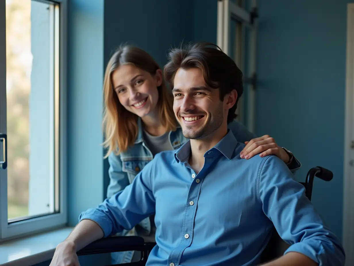 Young-Man-in-Wheelchair-by-Window-with-Girl-Entering-Room-in-Denim-Jacket