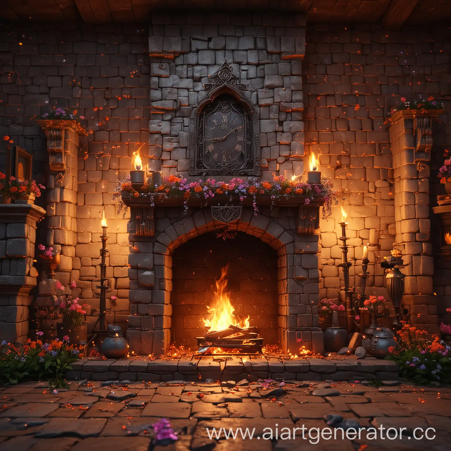 Fantasy-Castle-with-Enchanted-Fireplace-and-Glowing-Flowers