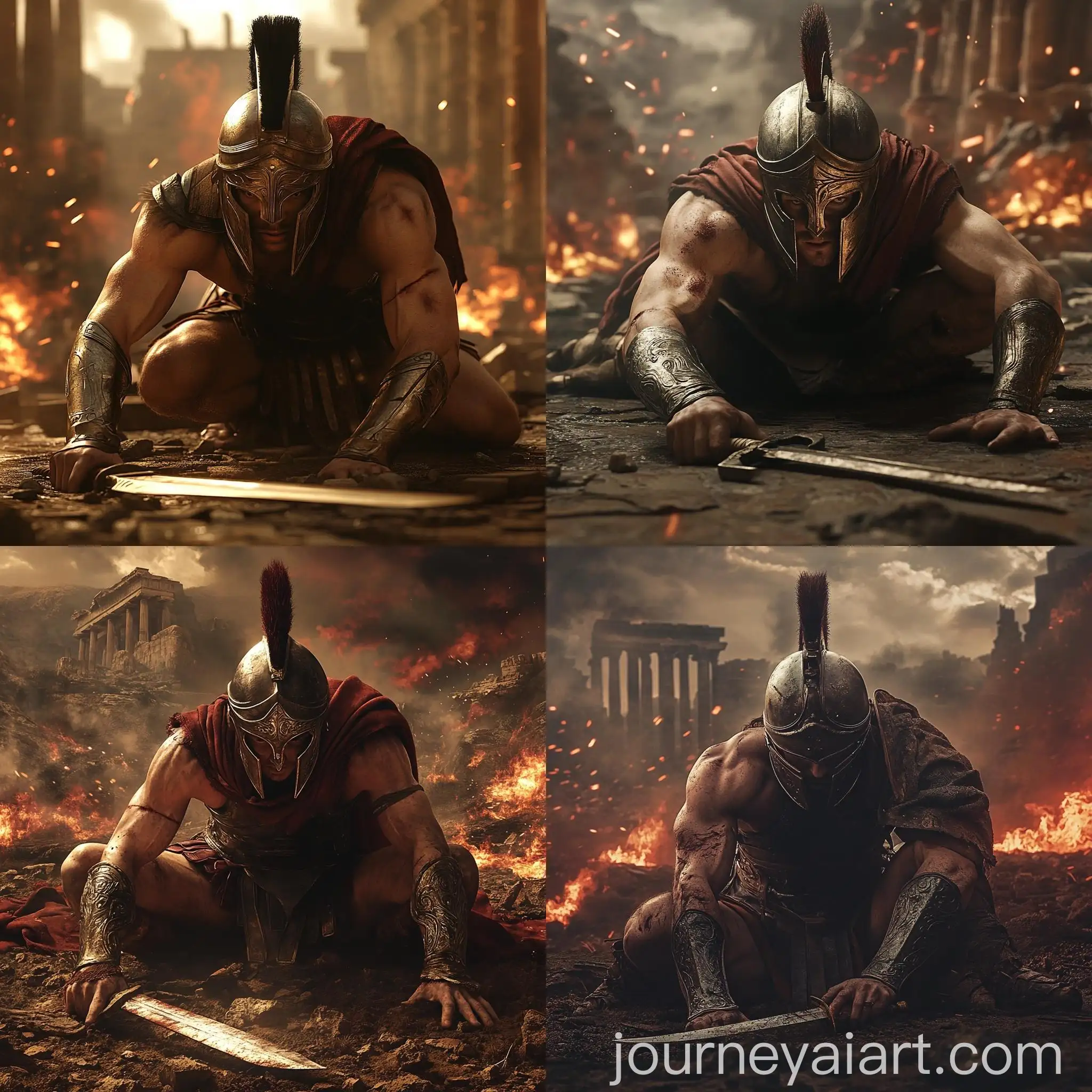 Spartan-Warrior-in-Defensive-Stance-Amid-Ancient-Ruins-and-Flaming-Fog