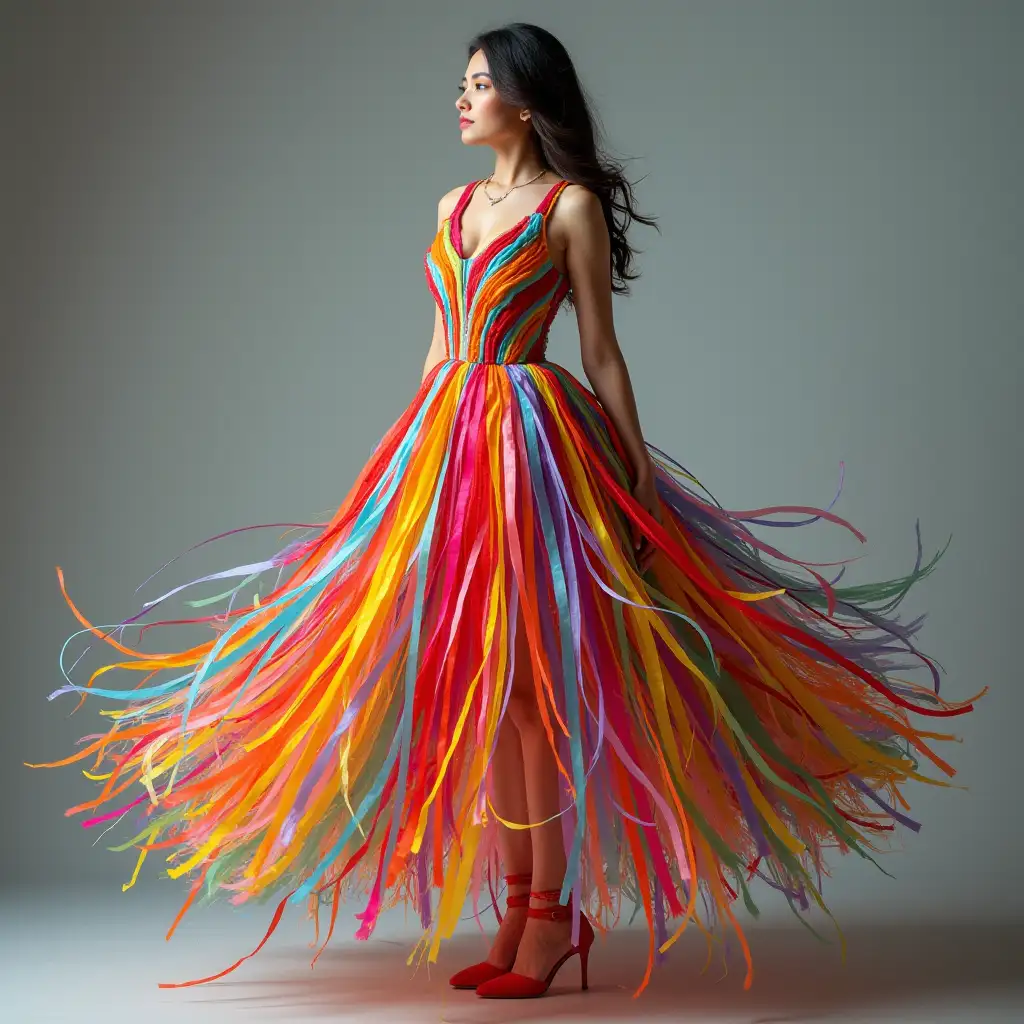 Elegant Woman Wearing Dress of Colorful Ribbons