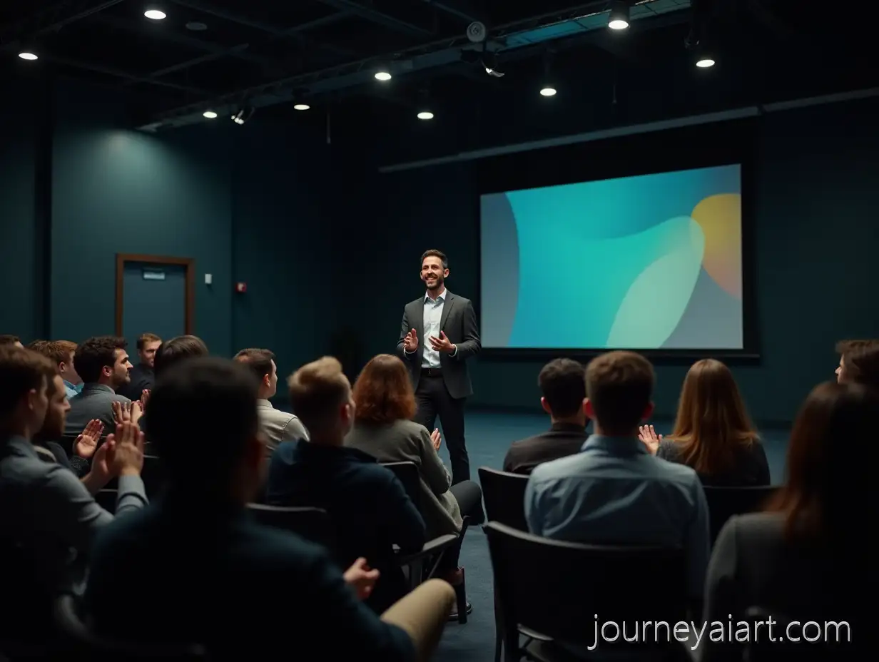 Confident-Speaker-Presenting-in-Modern-Rehearsal-Hall-with-Enthusiastic-Audience-Applause