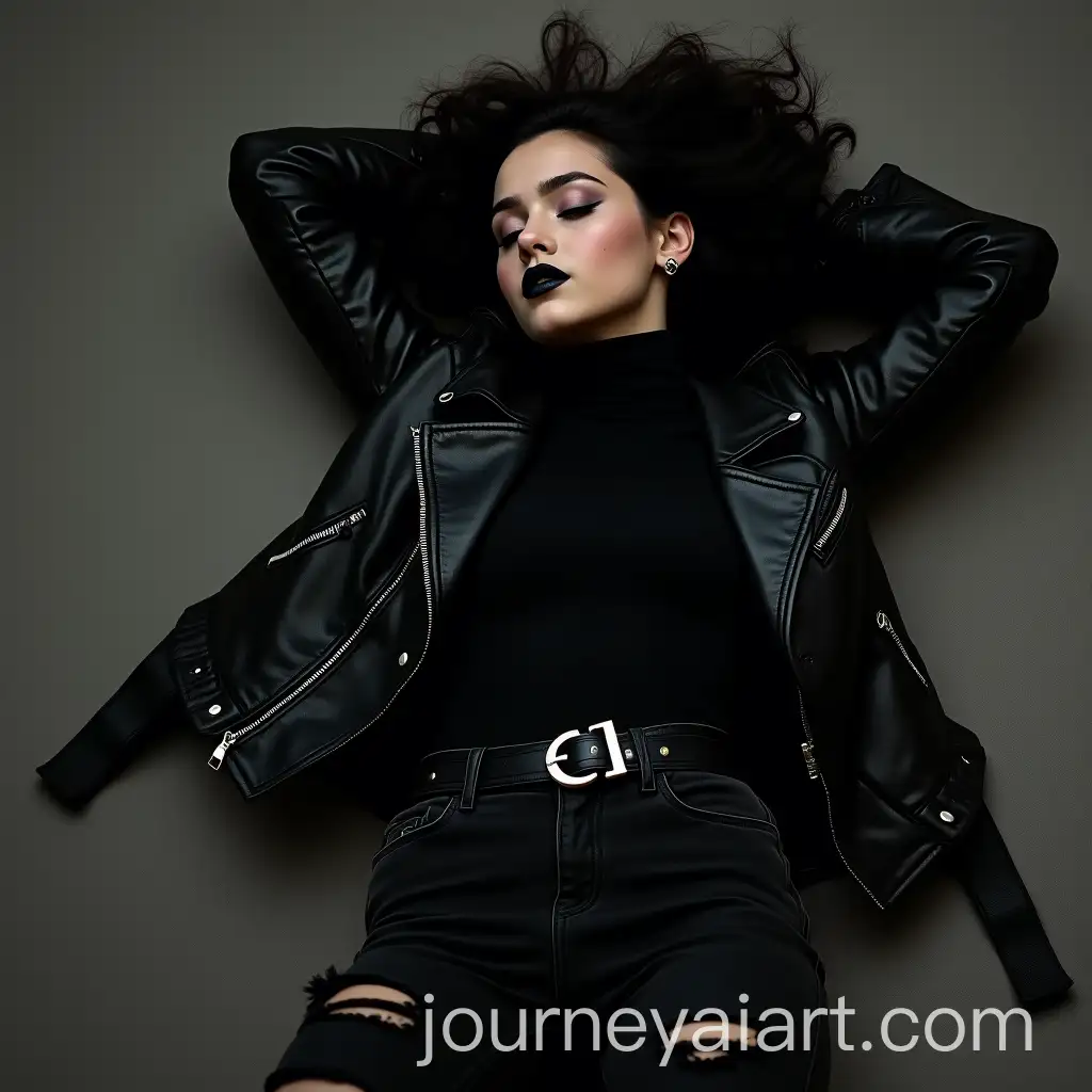 Mysterious-Girl-in-Black-Leather-Biker-Jacket-Lying-on-the-Ground