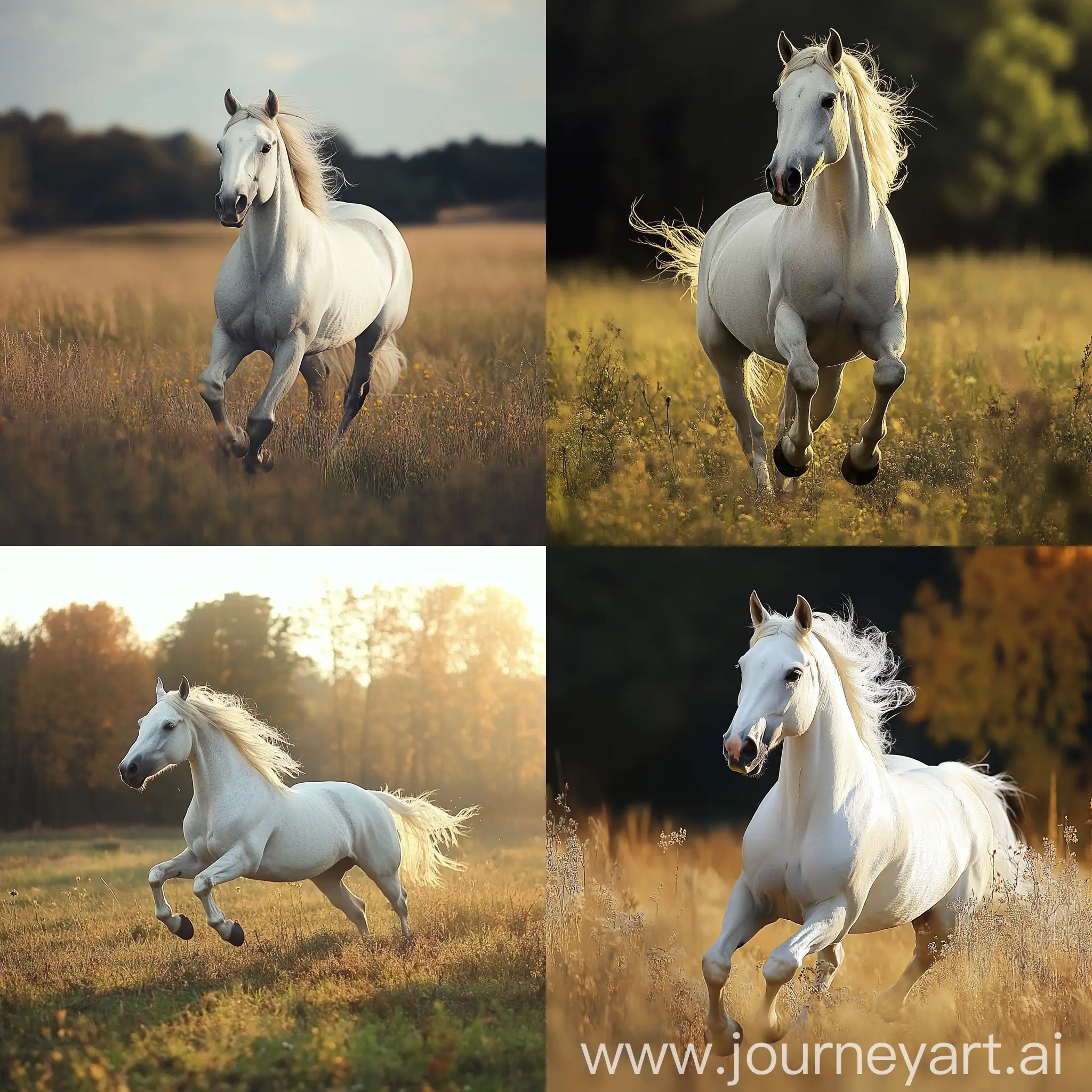 Graceful-White-Horse-Galloping-in-Sunlit-Meadow