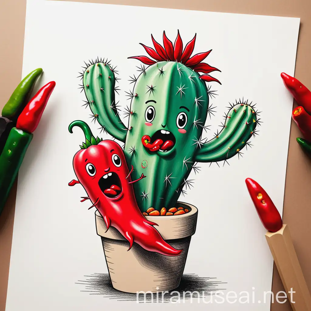 Cactus Eating Hot Pepper in Desert Landscape